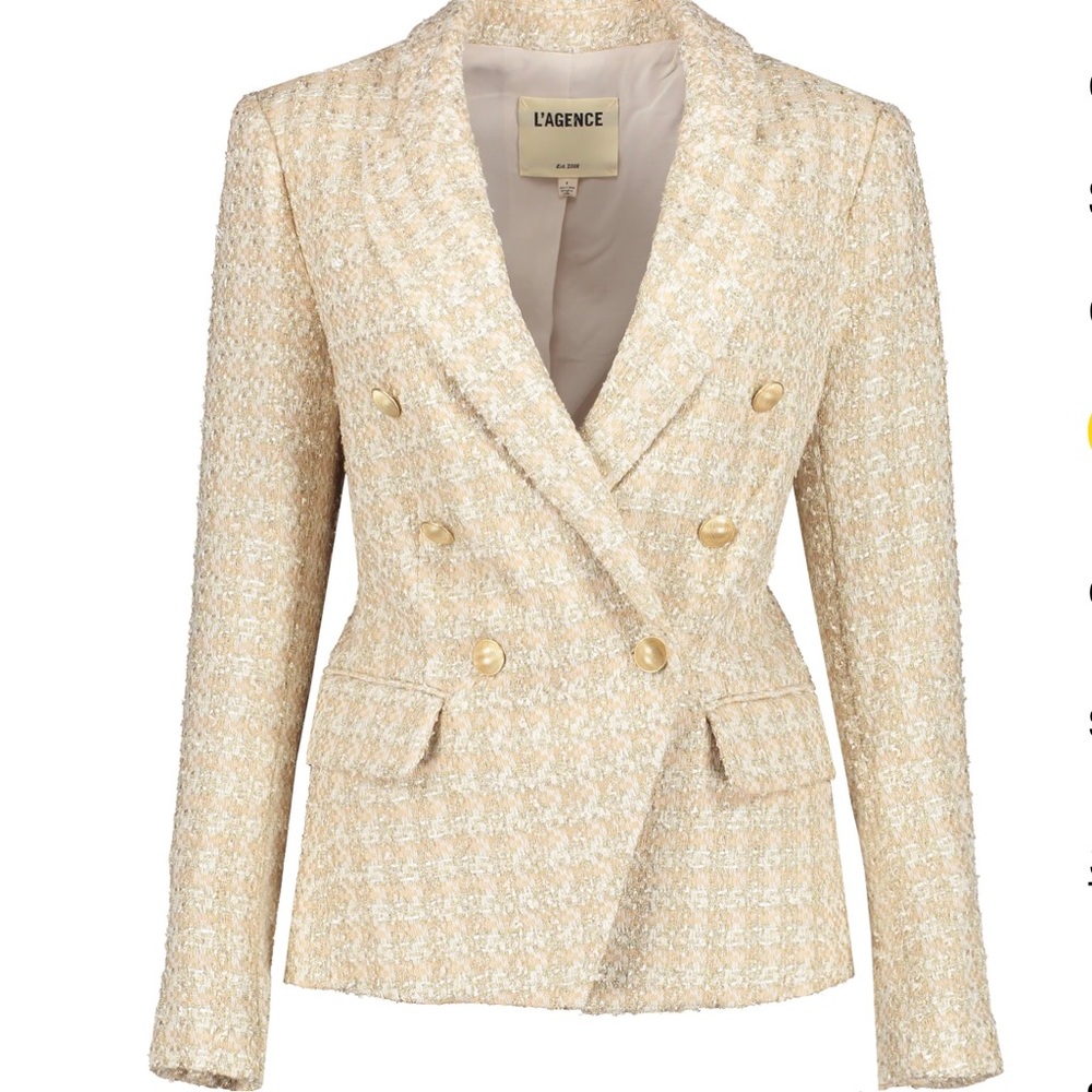 L'AGENCE Cream Tweed Double-Breasted Blazer with Gold Buttons